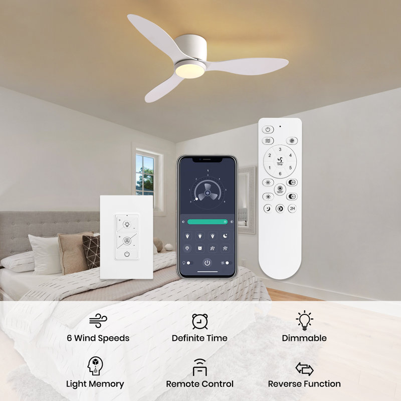Wayfair Jamarreon 42''/52'' Flush Mount Dimmable Ceiling Fan With LED Lights And Remote Control