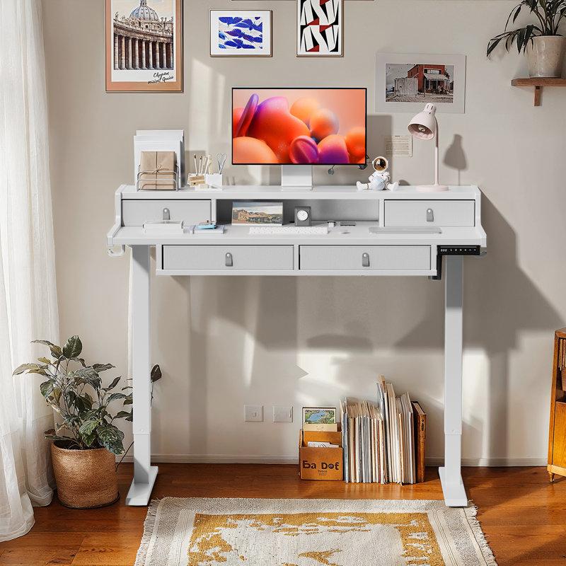 Wayfair Jeneffer Computer Standing Desk with 4 Drawers for Home Office Electric Height Adjustable Gaming Desk with Storage Shelf