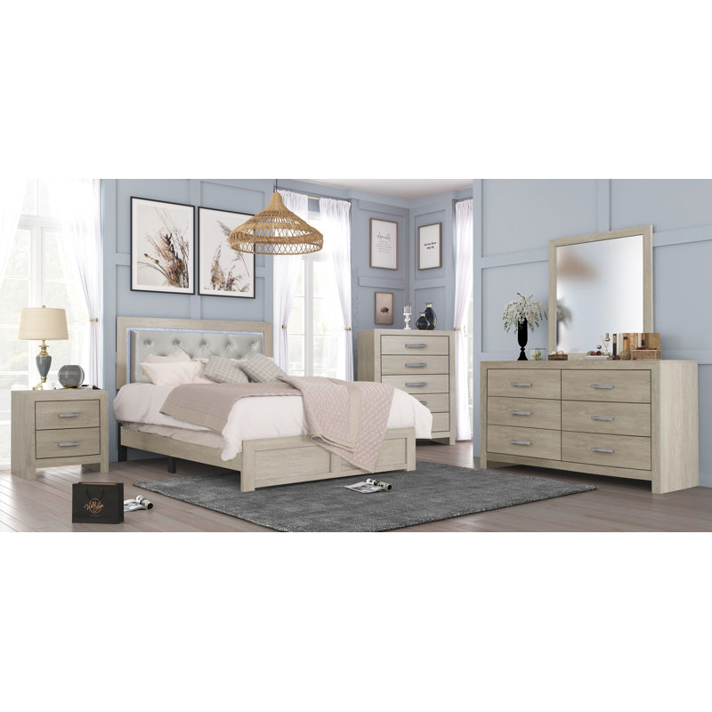 Wayfair Josiyah Daisey Cream LED Panel Bedroom Set Special Queen 6 Piece: Bed Dresser Mirror 2 Nightstands Chest