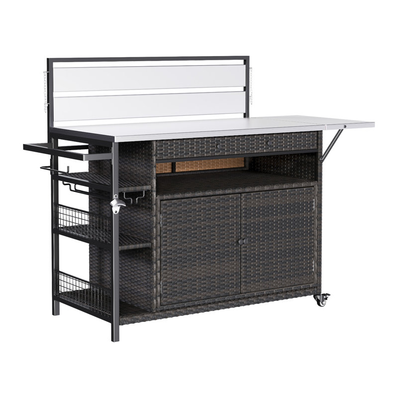 Wayfair Kahlea Vintage Indoor/Outdoor Bar Cart Kitchen Cart Portable Outdoor Table With Stainless Steel Countertop Drawers And Wine Glass Holder