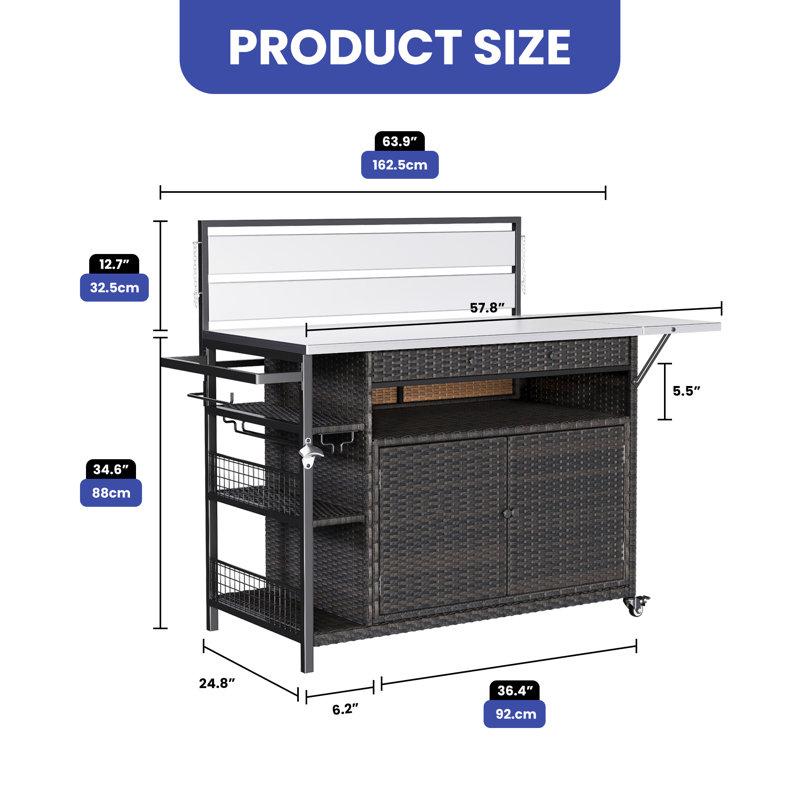 Wayfair Kahlea Vintage Indoor/Outdoor Bar Cart Kitchen Cart Portable Outdoor Table With Stainless Steel Countertop Drawers And Wine Glass Holder