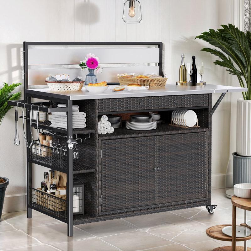 Wayfair Kahlea Vintage Indoor/Outdoor Bar Cart Kitchen Cart Portable Outdoor Table with Stainless Steel Countertop Drawers and Wine Glass Holder