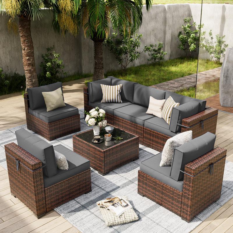 Wayfair Keyala 7 Piece Rattan Sectional Seating Group With Cushions