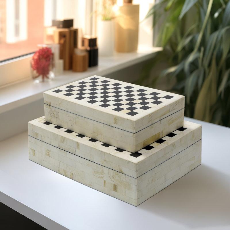 Wayfair Knouse Checkered Decorative Box With Lid For Jewelry Or Keepsakes – Modern Storage Accent For Entryway Tabletop Or Shelf – Decorative Box Home Organizer – Set Of 2 12" Black & White