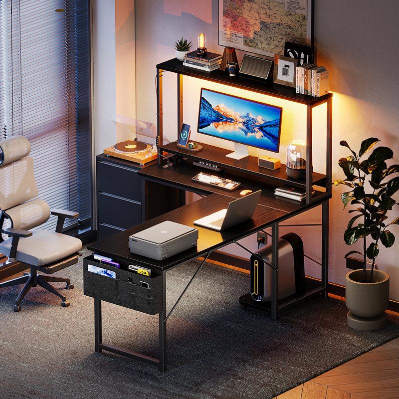 Wayfair L-shaped Desk With Power Outlet Gaming Desk With Led Light Reversible L-shaped Computer Desk With Shelf Corner Desk With Storage Bag&hook Home Office Desk With Cpu Stand