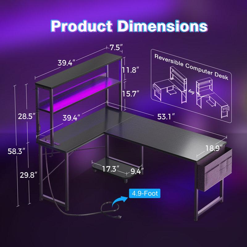 Wayfair L-shaped Desk With Power Outlet Gaming Desk With Led Light Reversible L-shaped Computer Desk With Shelf Corner Desk With Storage Bag&hook Home Office Desk With Cpu Stand