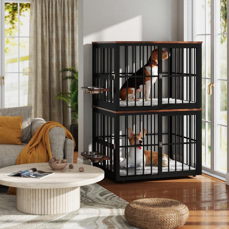 Wayfair Large Double Dog Crate Furniture Corner Dog Crate Furniture With Removable Divider And Bowls