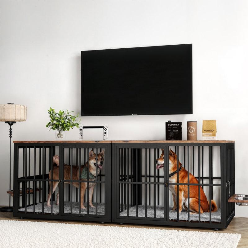 Wayfair Large Double Dog Crate Furniture Corner Dog Crate Furniture With Removable Divider And Bowls