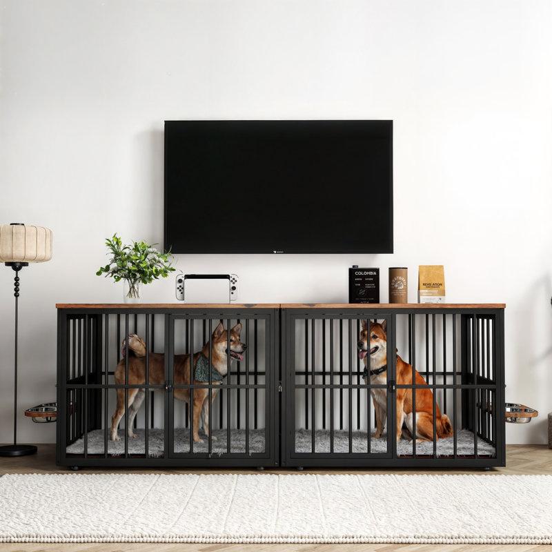 Wayfair Large Double Dog Crate Furniture Corner Dog Crate Furniture With Removable Divider And Bowls