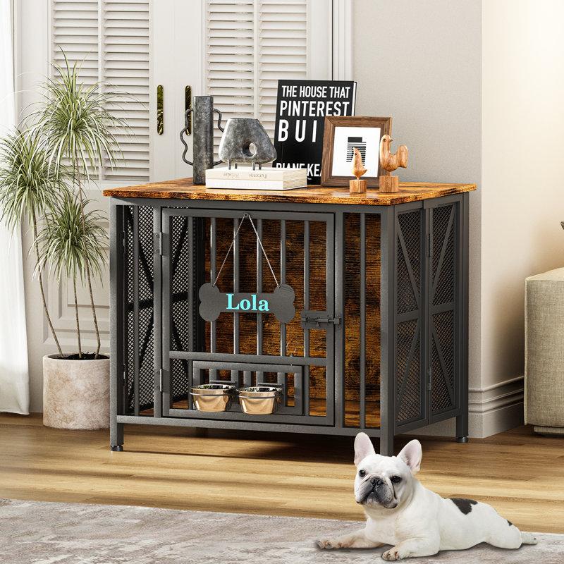 Wayfair Large Foldable Dog Crate Furniture Assembly-Free Dog Crate With Adjustable Bowls And Name Tag For Small Medium Large Dog