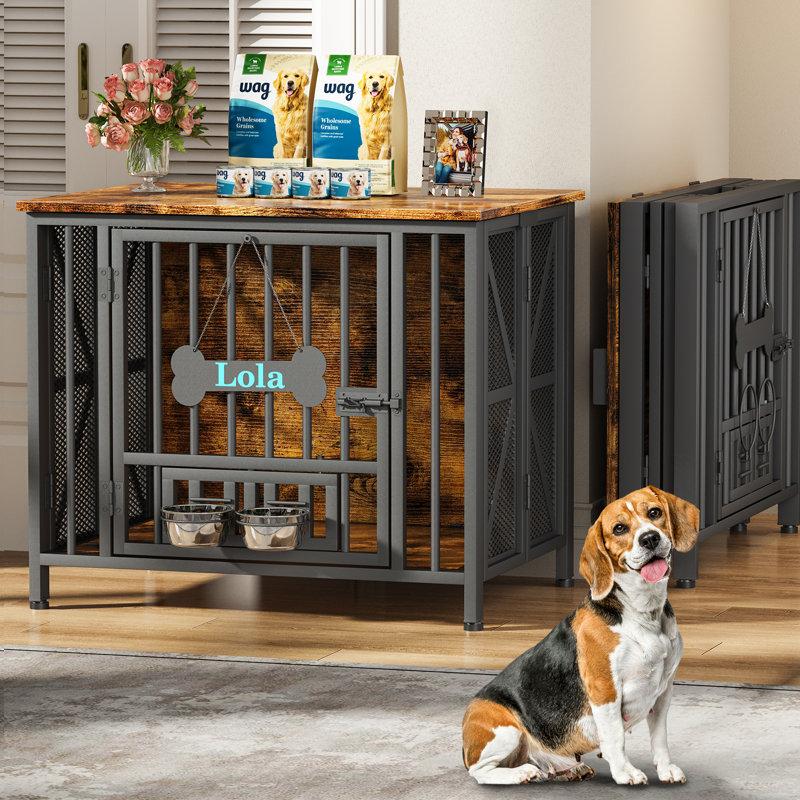 Wayfair Large Foldable Dog Crate Furniture Assembly-Free Dog Crate With Adjustable Bowls And Name Tag For Small Medium Large Dog