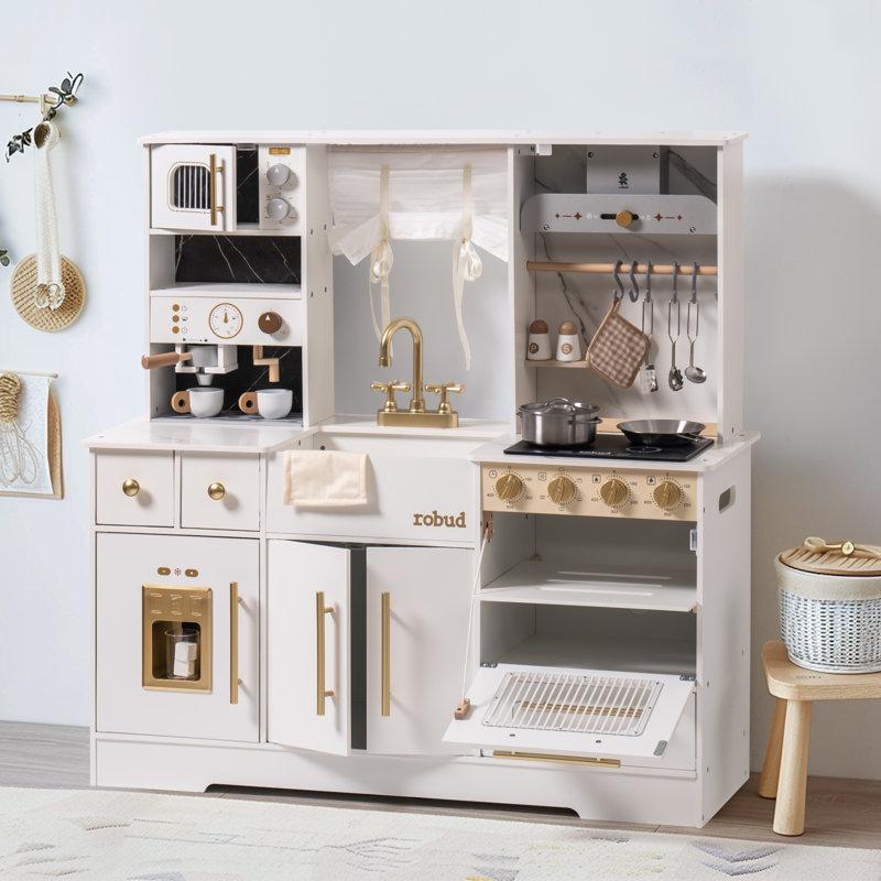 Wayfair Large Preschool Kitchen Playset Large Wooden Play Kitchen With Oven Refrigerator Coffee Machine And Microwave Realistic Toddler Kitchen Set