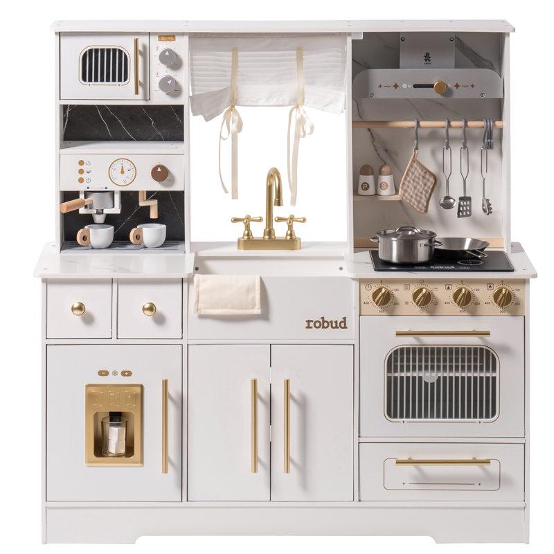 Wayfair Large Preschool Kitchen Playset Large Wooden Play Kitchen with Oven Refrigerator Coffee Machine and Microwave Realistic Toddler Kitchen Set