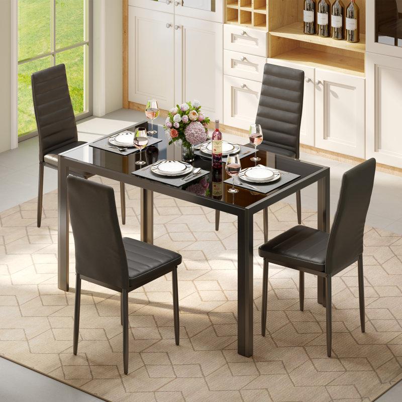 Wayfair Latoyta Modern 5-Piece Rectangular Glass Top Dining Set With Cushioned Chairs