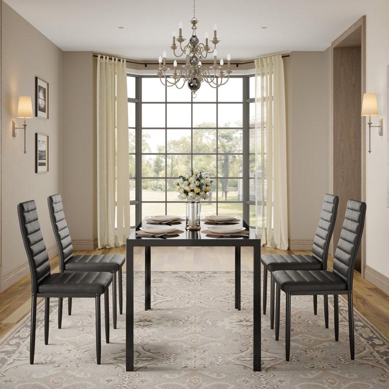 Wayfair Latoyta Modern 5-Piece Rectangular Glass Top Dining Set With Cushioned Chairs