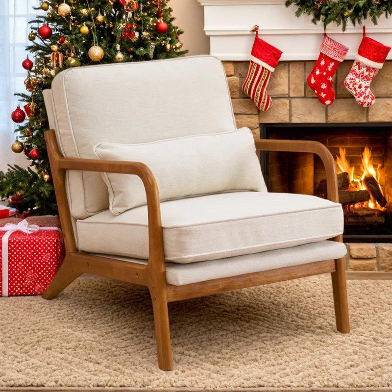 Wayfair Lemley Mid Century Solid Wood Accent Chair Upholstered Armchair with an Extra Pillow