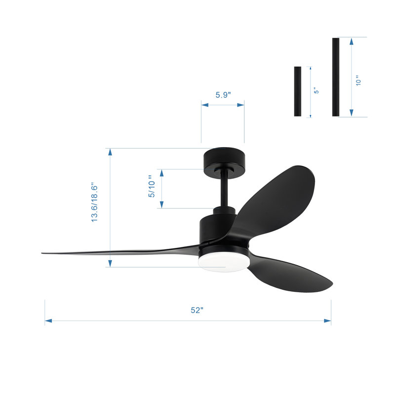 Wayfair Loritta 52'' 3 - Blade Large Indooor Ceiling Fan With Light Kit And Remote 3 LED Colors 6 Speed Noiseless DC Motor Timer
