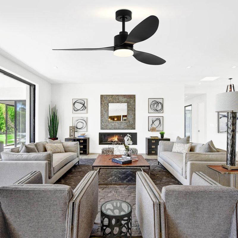 Wayfair Loritta 52'' 3 - Blade Large Indooor Ceiling Fan With Light Kit And Remote 3 LED Colors 6 Speed Noiseless DC Motor Timer