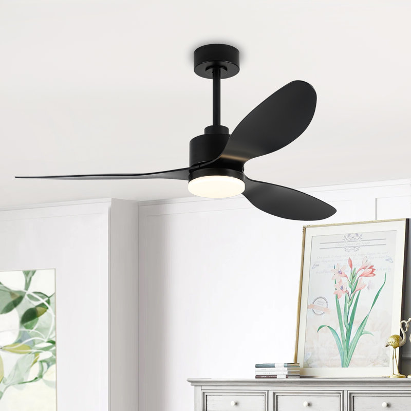 Wayfair Loritta 52'' 3 - Blade Large Indooor Ceiling Fan With Light Kit and Remote 3 LED Colors 6 Speed Noiseless DC Motor Timer
