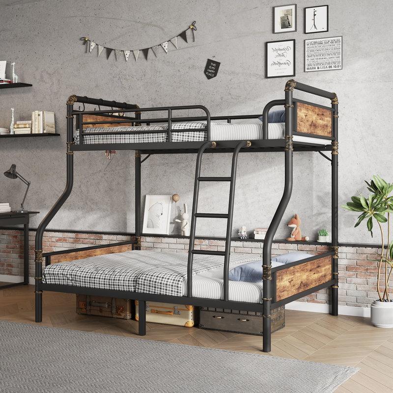 Wayfair Lunario Metal Twin - Over - Full Convertible Bunk Bed With Safety High Guardrails And Antique Wood Grain
