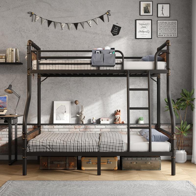 Wayfair Lunario Metal Twin - Over - Full Convertible Bunk Bed With Safety High Guardrails And Antique Wood Grain