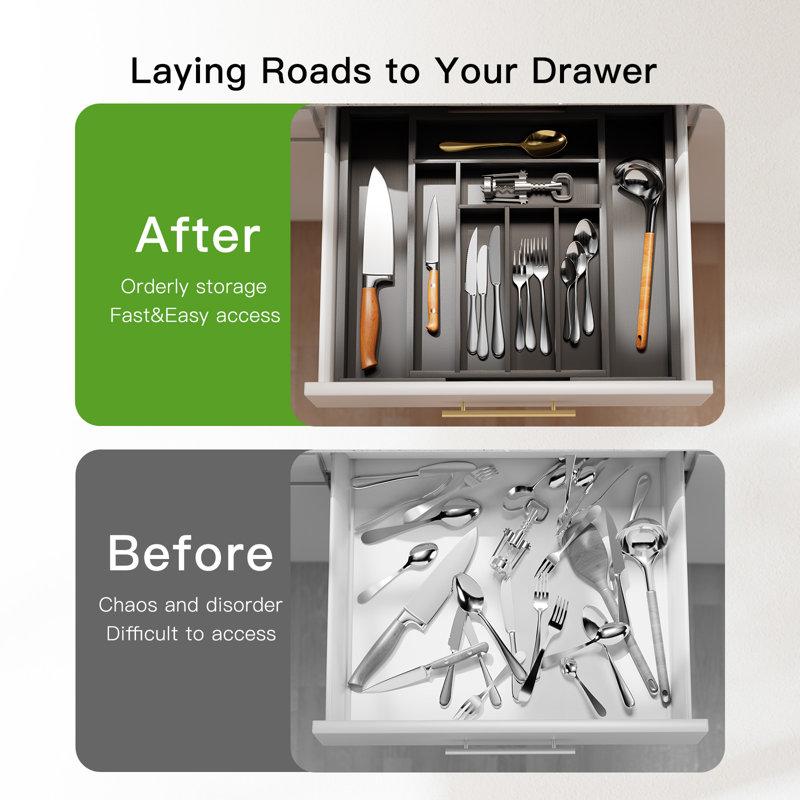 Wayfair Luzius Bamboo Adjustable Expandable 8 Slot Flatware Drawer Organizer Silverware Organizer For Kitchen Utensils