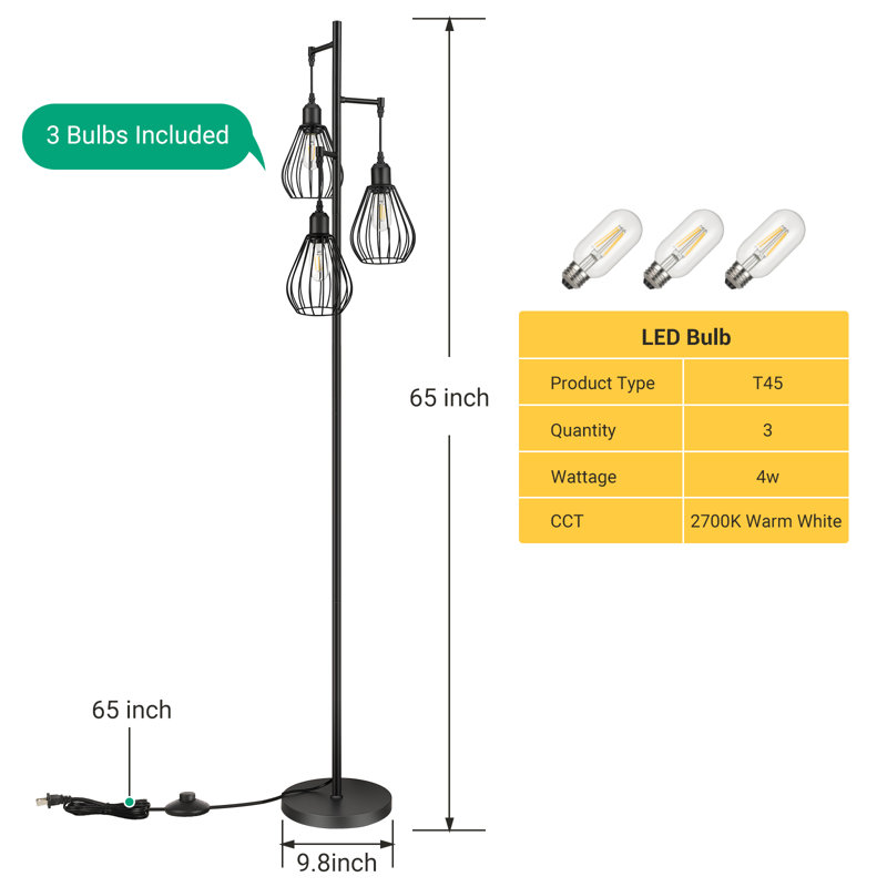 Wayfair Majewski 3-Light 65.5" Tree Floor Lamp With Bulbs Included