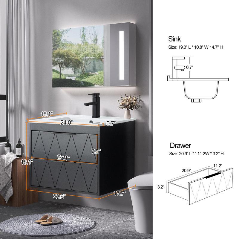 Wayfair Makowski 24" Wall Mounted Single Bathroom Vanity Set With Sink Top Zinc Alloy Faucet Floating Cabinet With Soft-Close Drawers