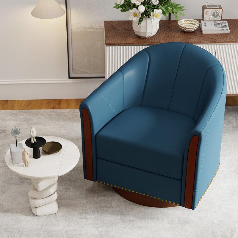 Wayfair Modern Genuine Leather Swivel Barrel Chair With Solid Wood Base
