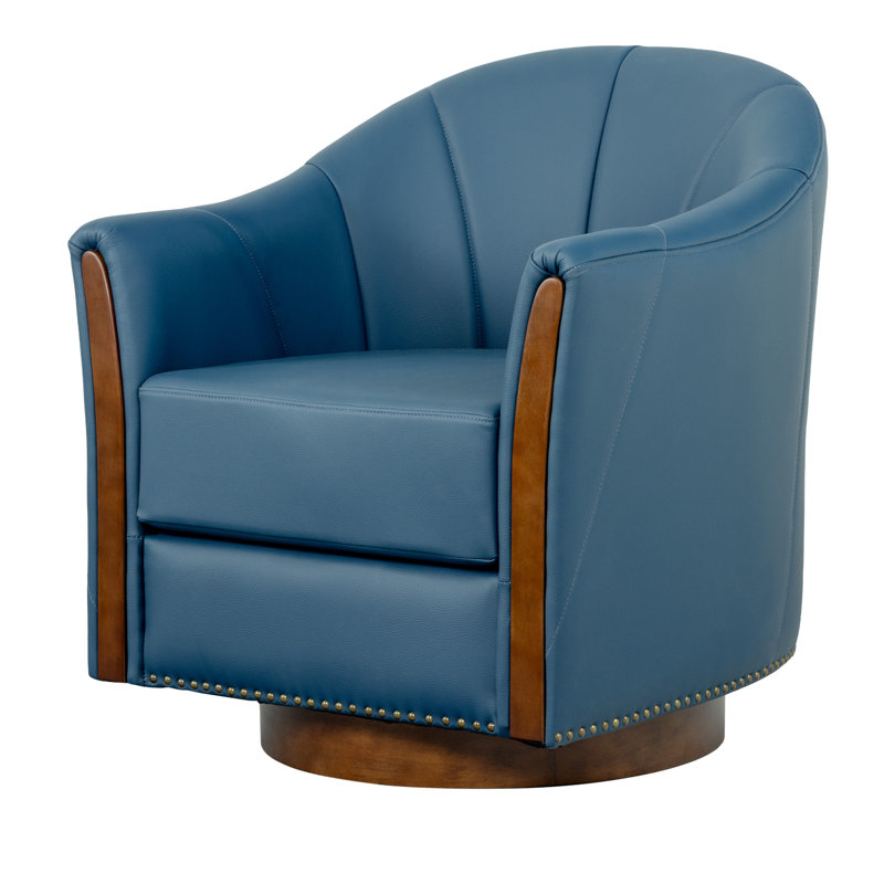 Wayfair Modern Genuine Leather Swivel Barrel Chair With Solid Wood Base