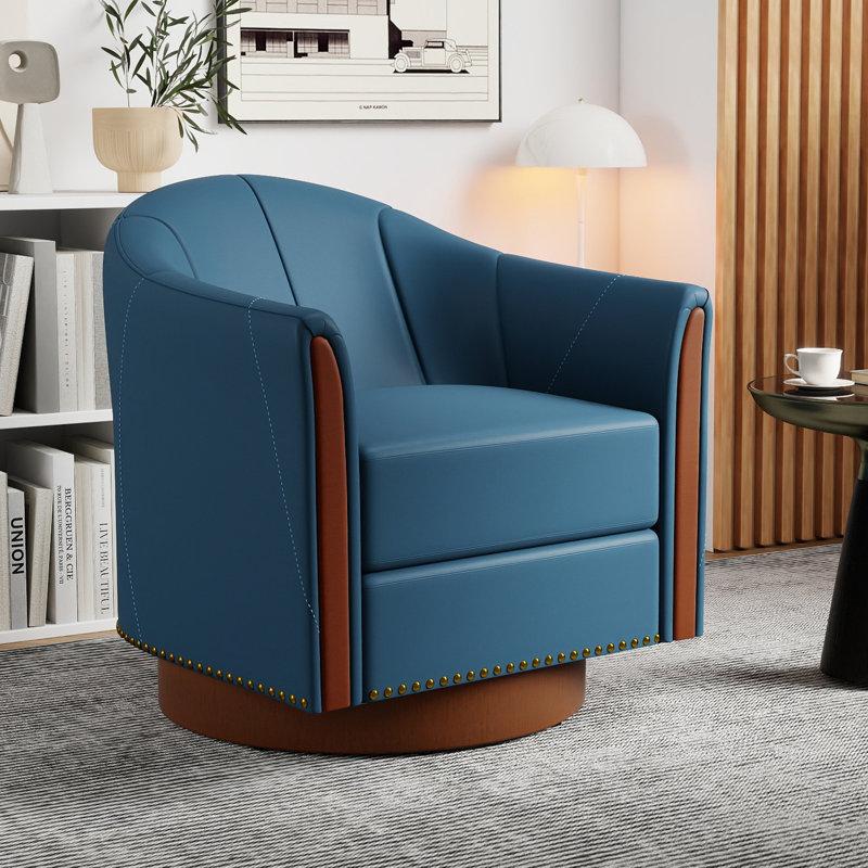 Wayfair Modern Genuine Leather Swivel Barrel Chair with Solid Wood Base