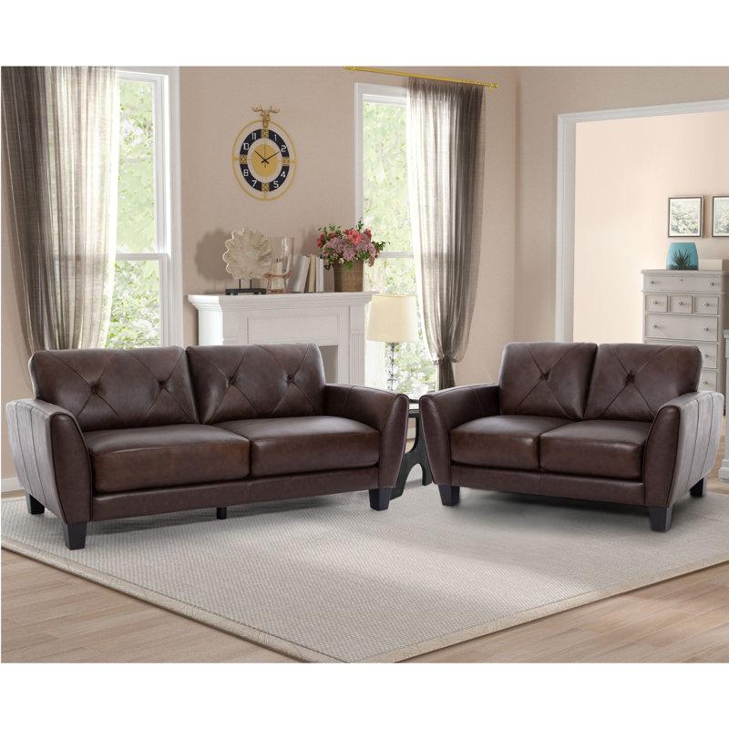 Wayfair Nayelys 2-Pieces Classic Luxury Genuine Leather Living Room Set With Solid Wood Frame