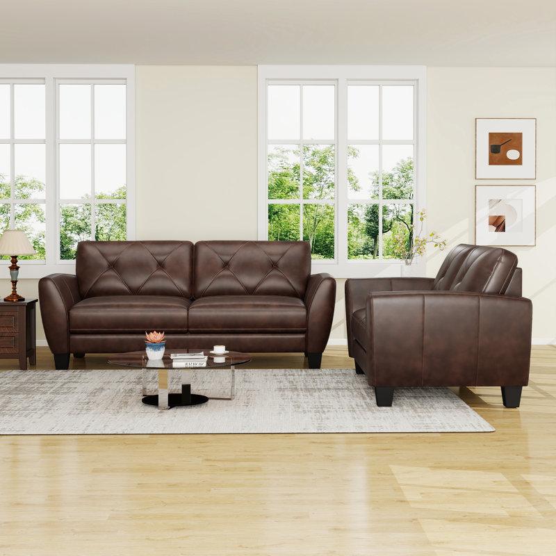 Wayfair Nayelys 2-Pieces Classic Luxury Genuine Leather Living Room Set With Solid Wood Frame