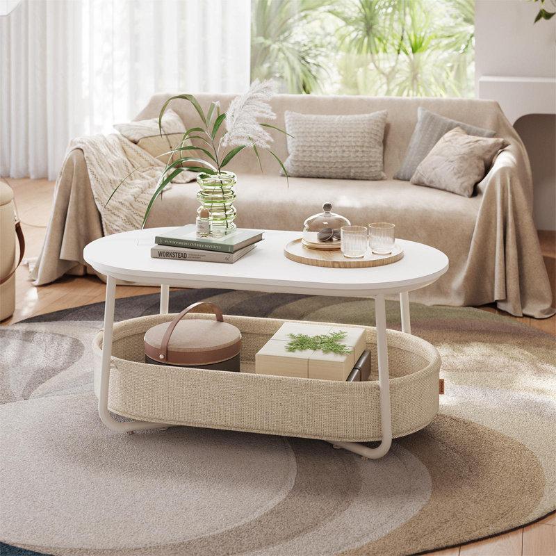 Wayfair Neili Floor Shelf 39.4" W Coffee Table with Storage Fabric Basket