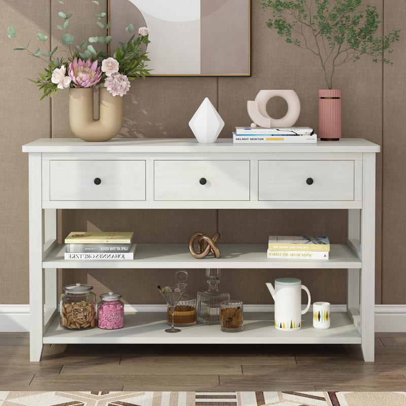 Wayfair Nibbi 47" Console Table With Wood Frame And Legs 3 Drawers And 2 Open Shelves Gray