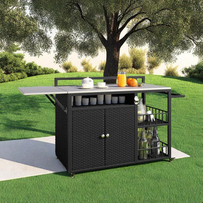Wayfair Outdoor Rolling Bar Cart Kitchen Island With Storage And Foldable Side Table