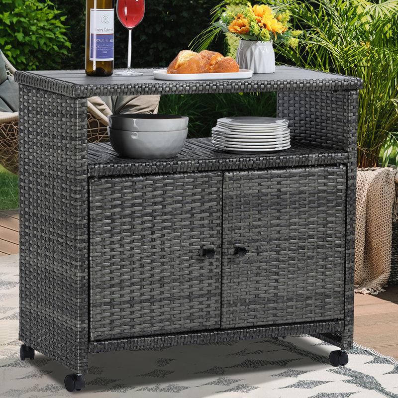 Wayfair Outdoor Wicker Storage Cabinet - Patio Bar Table With Wheel Outdoor Buffet Cabinet Movable Garden Weather-Proof Bar Table/Cart