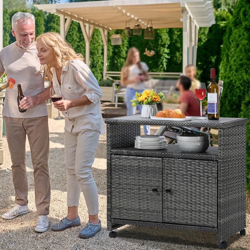 Wayfair Outdoor Wicker Storage Cabinet - Patio Bar Table With Wheel Outdoor Buffet Cabinet Movable Garden Weather-Proof Bar Table/Cart