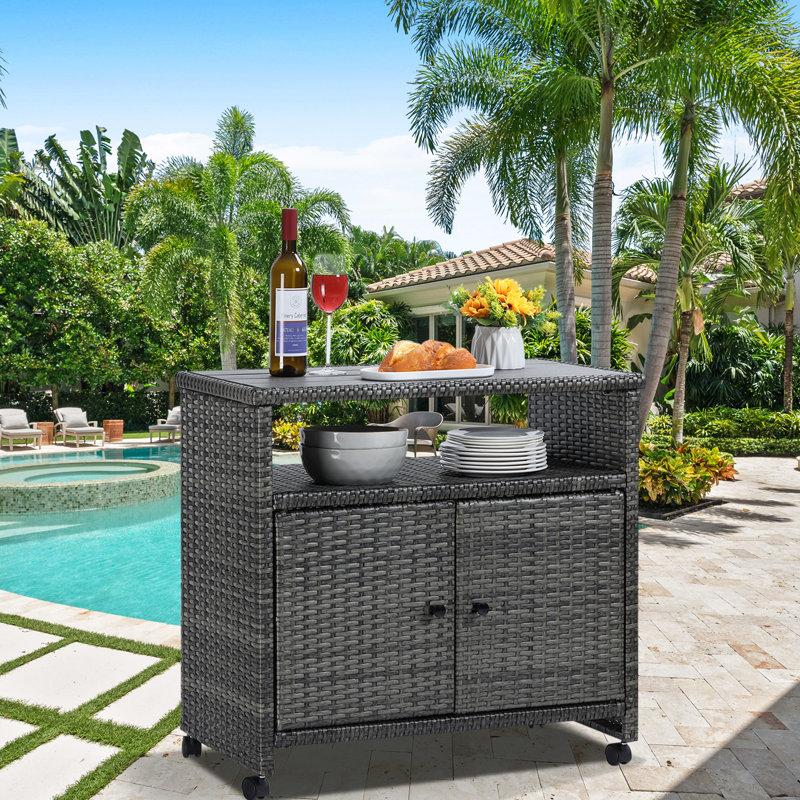 Wayfair Outdoor Wicker Storage Cabinet - Patio Bar Table With Wheel Outdoor Buffet Cabinet Movable Garden Weather-Proof Bar Table/Cart