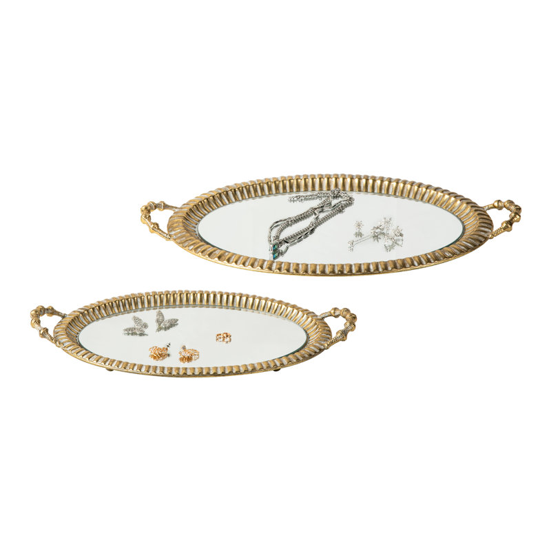 Wayfair Oval Metal Gold Mirrored Decorative Trays With Handles (Set Of 2)