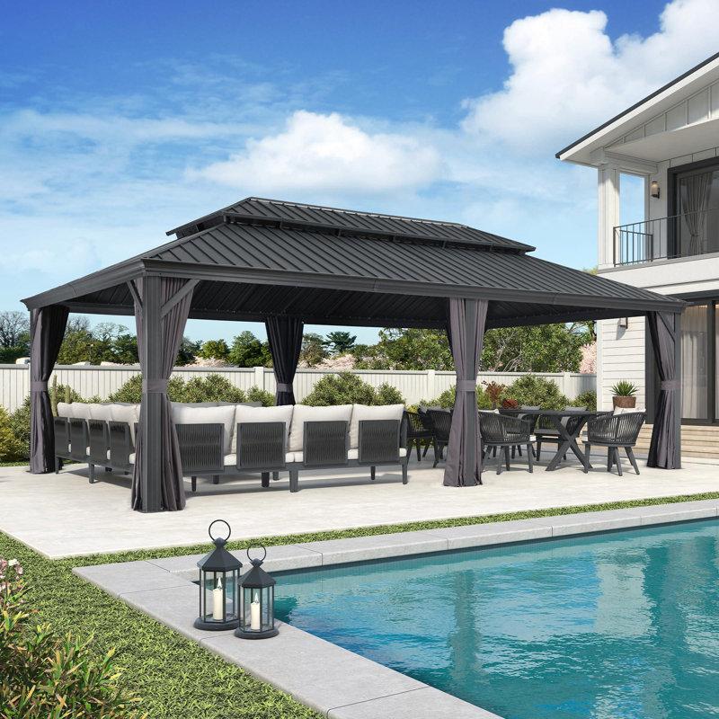 Wayfair Purple Leaf 14' X 28' Hardtop Gazebo Aluminum Gazebo With Galvanized Steel Double Roof For Patio Lawn And Garden Curtains And Netting Included Grey