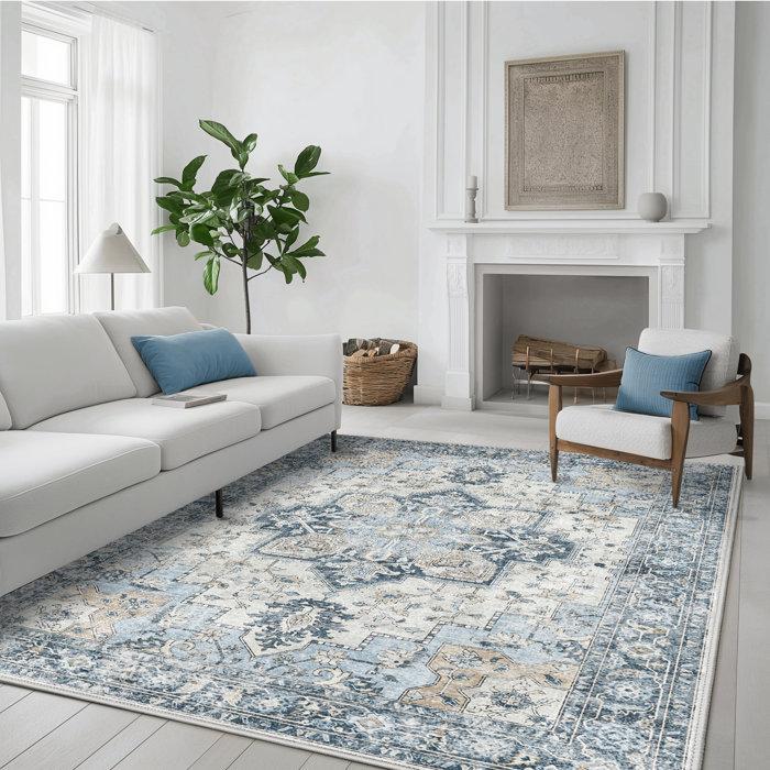 Wayfair Roehit Oriental Performance Machine Washable Blue / Ivory Area Rug