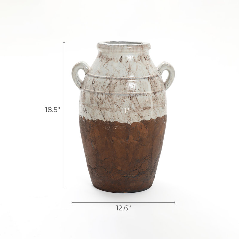 Wayfair Rustic Cream And Brown Terracotta Urn With Handles 18.5-Inch Tall Vase