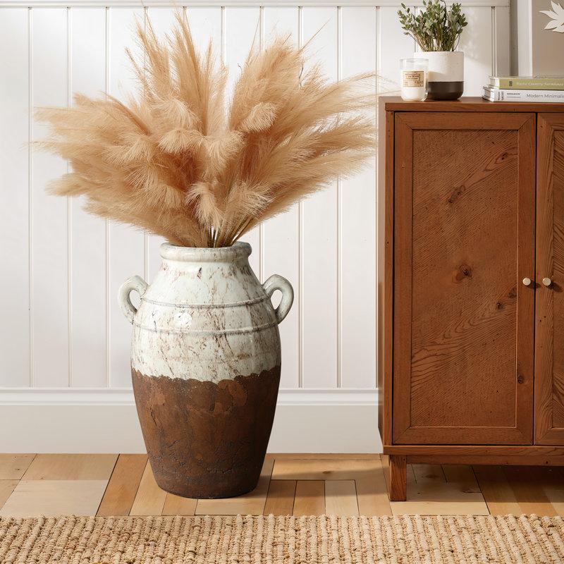 Wayfair Rustic Cream and Brown Terracotta Urn with Handles 18.5-Inch Tall Vase