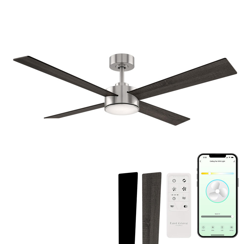 Wayfair Santorini Smart 4-Blade 52in Ceiling Fan 2700K-6000K CCT Selectable LED Light Kit With Remote Control In Brushed Nickel With Reversible Blades Weathered Wood Or Ebony Works With IOS Or Android App