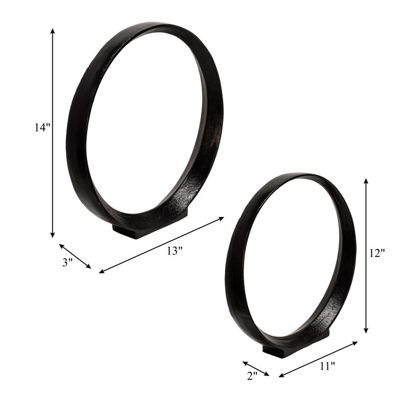 Wayfair Set Of 2 Metal Ring Sculptures - Modern Abstract Black Aluminum 12" And 14" Circular Sculpture