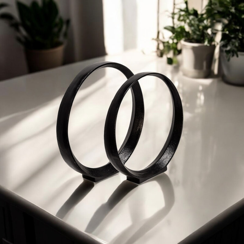 Wayfair Set of 2 Metal Ring Sculptures - Modern Abstract Black Aluminum 12" and 14" Circular Sculpture