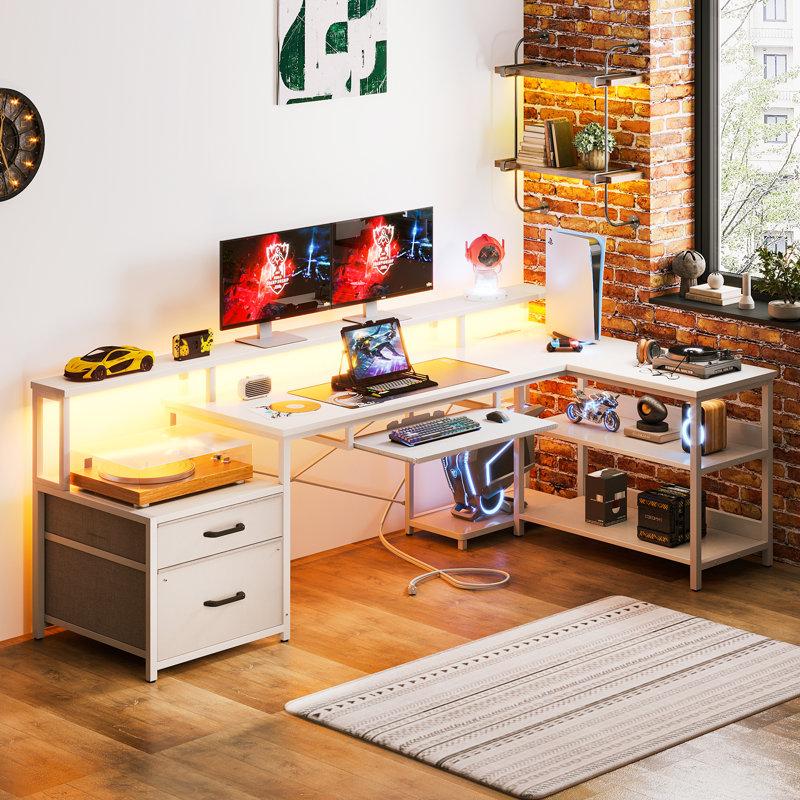 Wayfair Sholpan LED L-Shaped Desk With Cabinet With Power Outlets