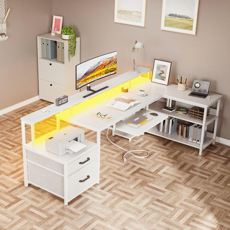 Wayfair Sholpan LED L-Shaped Desk With Cabinet With Power Outlets