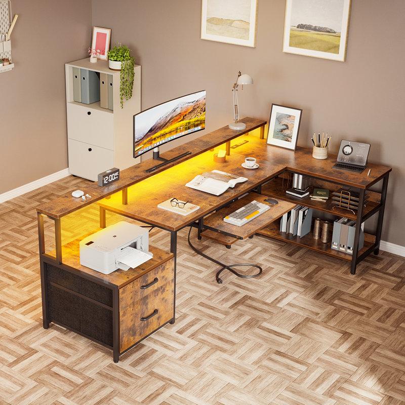 Wayfair Sholpan LED L-Shaped Desk With Cabinet With Power Outlets